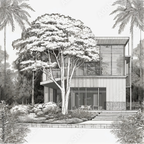 Architectural Drawings, Minimal style cad tree line drawing, Side view, plan and section forest outline symbol for landscape design drawing. Vector illustration in stroke fill in white.