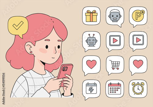 Mobile App Usage Girl – Smartphone, Icons, Digital interface, Online activity, App user vector, Technology lifestyle illustration – Vectors illustrations.







