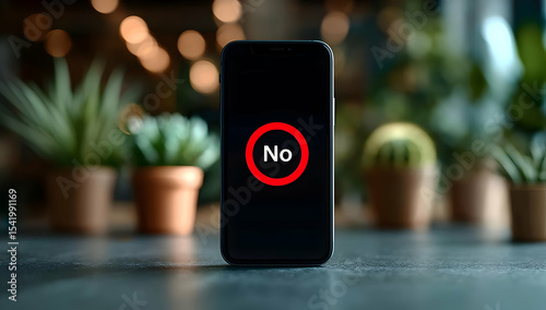 A smartphone displaying a bold 'No' symbol, surrounded by potted plants, illustrating digital communication.