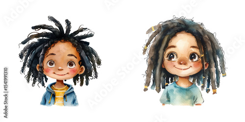 black boy dreadlocks watercolor vector illustration