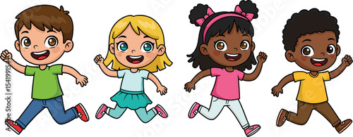 Group of Diverse Happy Cartoon Kids Running and Jumping with Joy, Expressing Childhood Fun, Playfulness, and Energetic Activity.

Keywords: