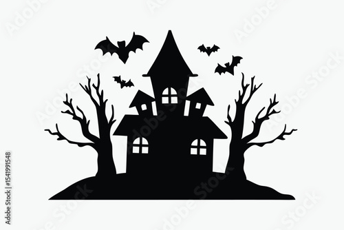 black and white haunted house silhouette with flying bats, spooky trees, vector illustration on white background
