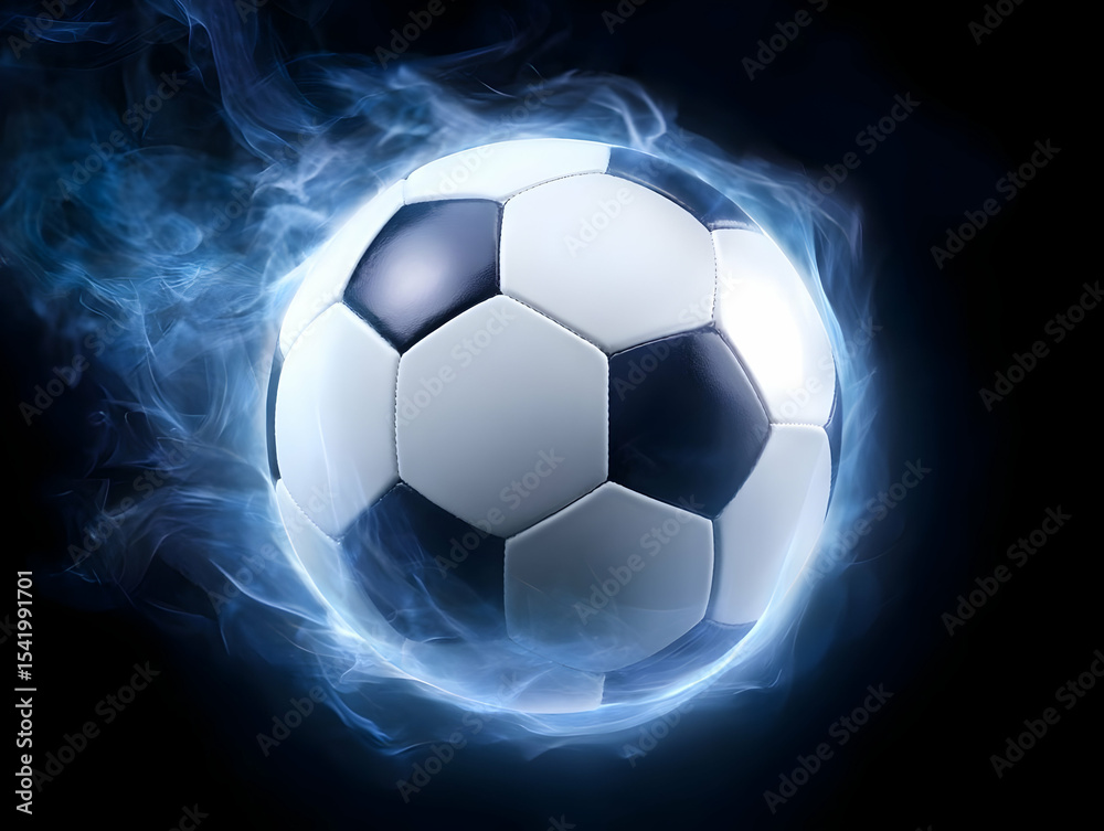 Fototapeta premium Dynamic lightning soccer ball with a glow effect, perfect for sports themes and energetic designs.