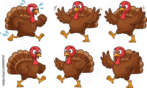 Set of Running and Waving Cartoon Turkeys in Various Poses, Perfect for Thanksgiving, Holiday Themes, and Lively Animation Sequences.