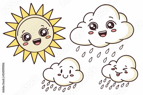 Cute kawaii sun and rain clouds with happy faces and soft pastel shading