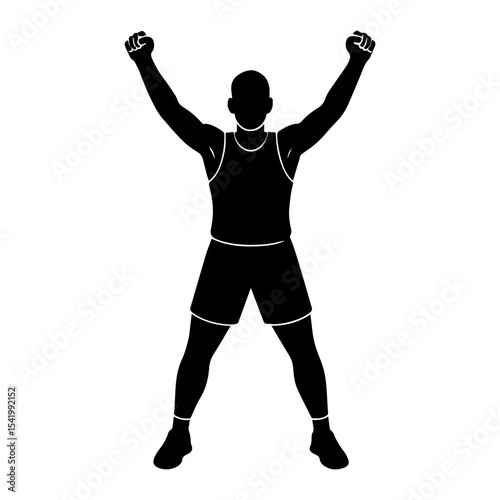 Silhouette of celebrating athlete winner champion with arms raised in victory pose vector illustration