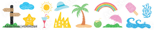 Beach summer icons. Sea vector element. Crayon doodle sticker set with sun, palm, shell, flower, Seabird, coral, sand castle. Pastel chalk doodle fruit sun  tropical cocktail hat. Vector shape..