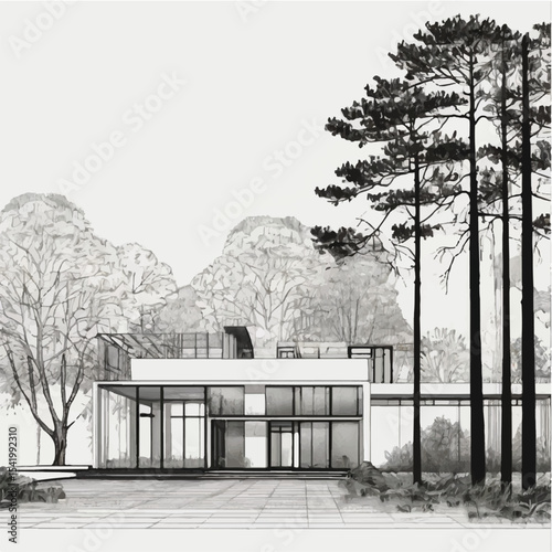 An old, black and white sketch of a gazebo on a lake in a winter landscape with trees and a bridge