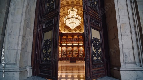 
Large, ornate doors open, revealing a grand library with rows of towering bookshelves filled with colorful books, and a large chandelier hanging from the high ceiling.Transition.Slow motion.Low angle