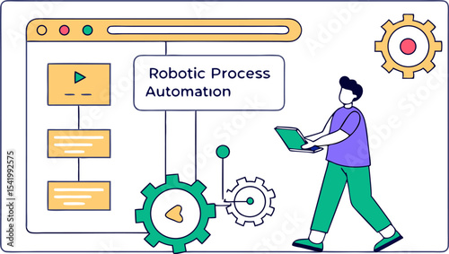 Illustration showing robotic process automation with a person holding a laptop and gears within a browser window