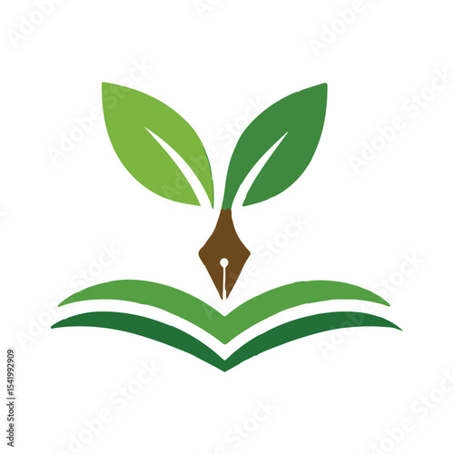 Eco Writing and Learning Logo – Pen Nib with Leaves and Open Book Vector Icon