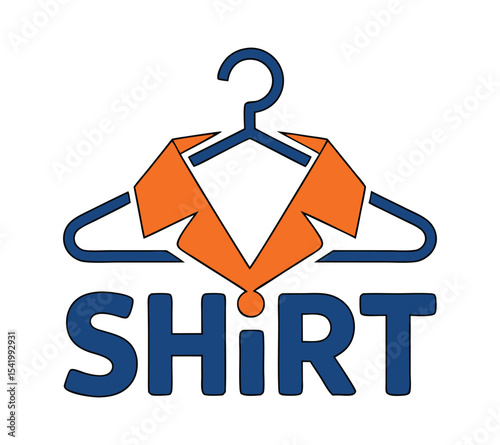 Vector logo concept for a shirt company, featuring a hanger and collar symbol with custom typography on white background