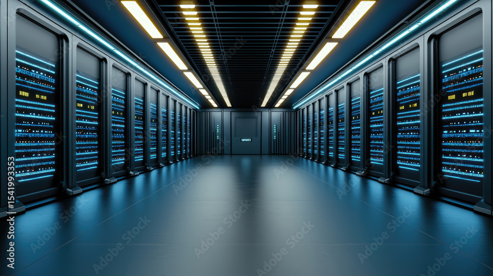 Fototapeta premium Futuristic server room with blue neon lighting, data center technology, modern interior, digital network