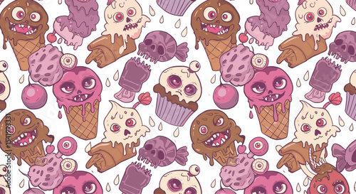 Spooky Halloween Dessert Pattern with Melting Zombie Ice Cream Cones, Creepy Cupcakes, and Skull Candy for Unique Backgrounds and Textile Prints.