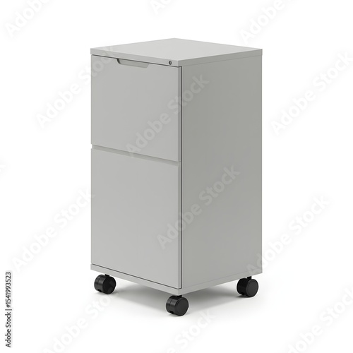 Rolling file cabinet: This photograph captures a modern, minimalist rolling file cabinet, ideal for sleek office spaces. The cabinet features two drawers and is mounted on wheels for easy mobility.