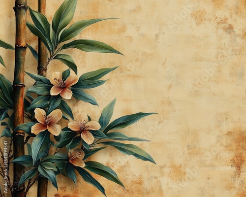 Bamboo stalks with flowers sit against a warm yellow textured background. Use for organic, nature themed designs and Asian inspired artwork.