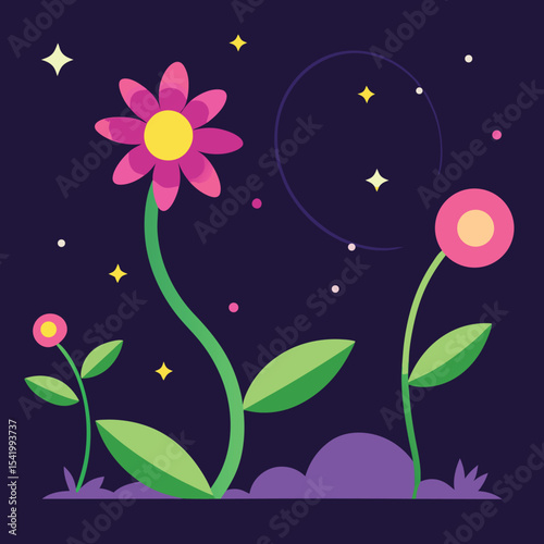 Enchanted fairy garden scene with glowing flower trails and celestial sparkles