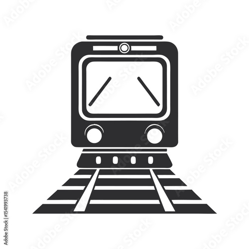Black and White Train Icon on Tracks with Transparent Background