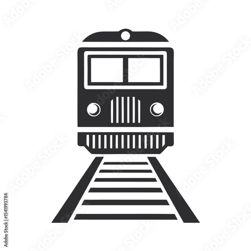 Black and White Train Icon on Tracks Isolated on White Background