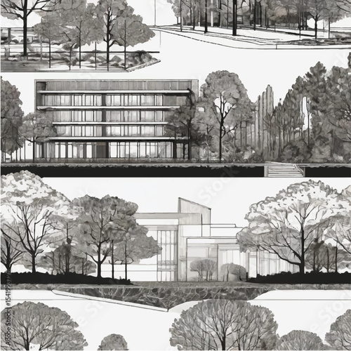 Architectural Drawings, Minimal style cad tree line drawing, Side view, plan and section forest outline symbol for landscape design drawing. Vector illustration in stroke fill in white.