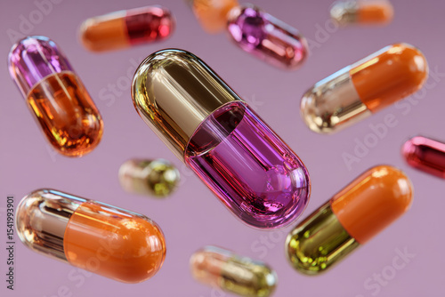 Colorful pharmaceutical capsules in mid air with glossy reflective surface