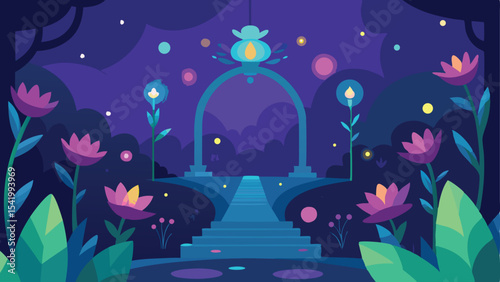 Enchanting garden scene with flowers and light in a dark moody vector illustration