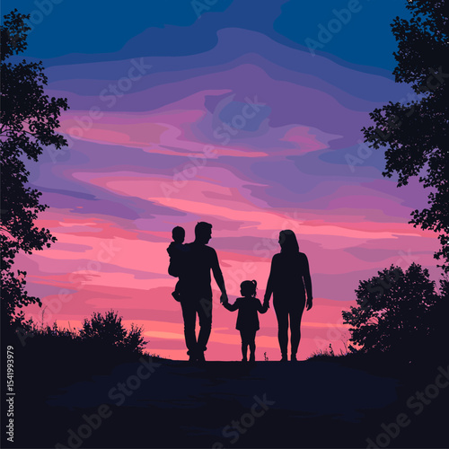 Silhouette Family Walking at Sunset, Peaceful Family Scene