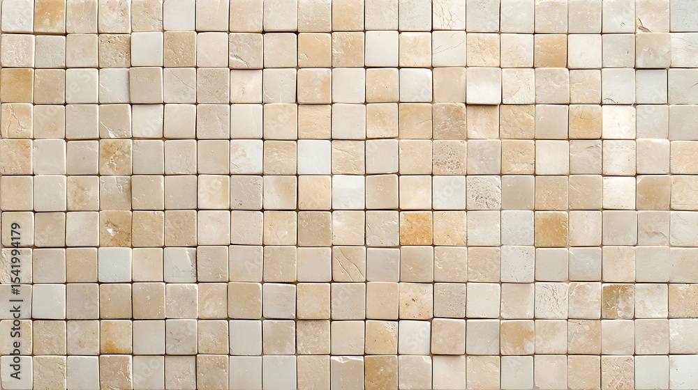 Fototapeta premium A close-up view of beige and light brown square tiles arranged in a grid pattern forming a textured wall surface.