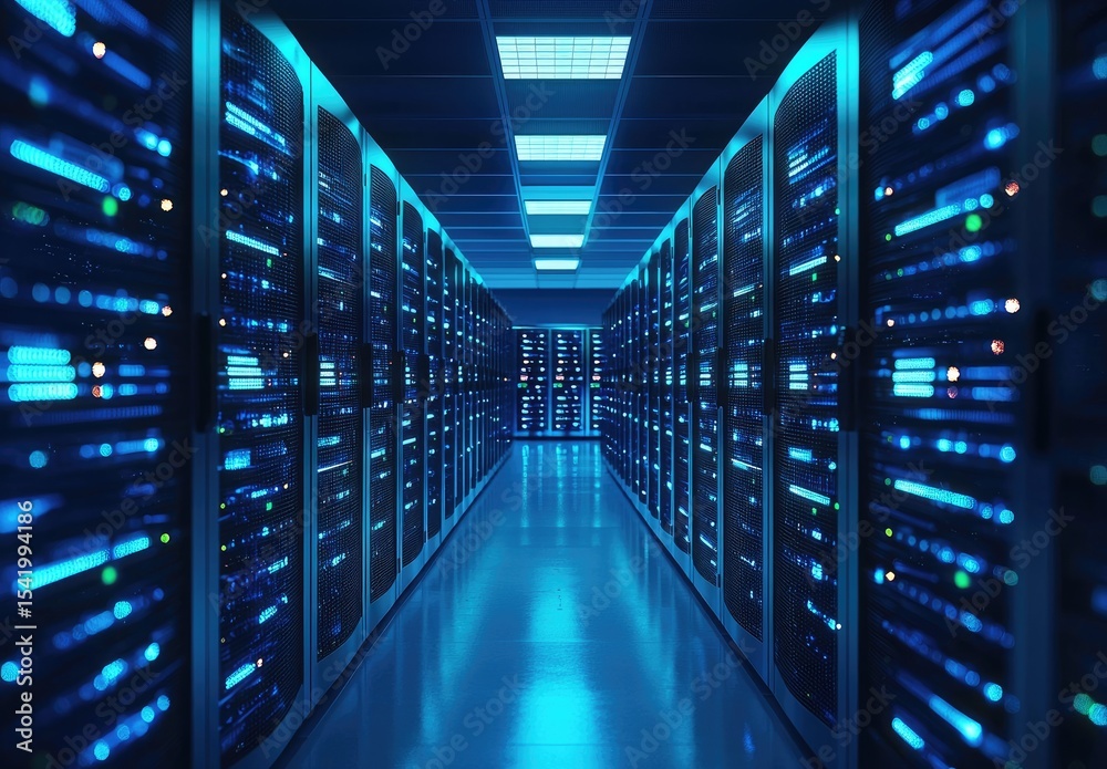 Obraz premium Symmetrical 3D rendering of a data center hallway with glowing blue servers and illuminated ceiling, perfect for cloud technology, networking, and IT system visuals