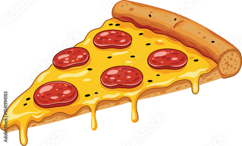 Delicious Pepperoni Pizza Slice with Melted Cheese Drips and Sesame Crust, Perfect for Restaurant Menus, Food Delivery, and Appetizing Designs.