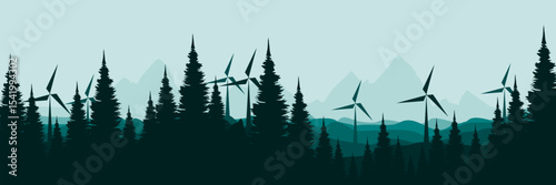 wind turbines in a pine forested mountain landscape renewable energy concept vector illustration good for wallpaper design, design template, background template, and tourism design template	