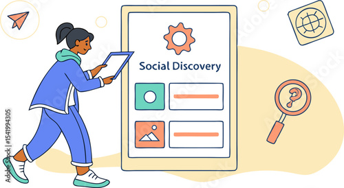 Woman interacting with social discovery app on tablet with magnifying glass and paper plane icons