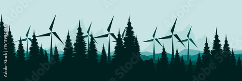 wind turbines in a pine forested mountain landscape renewable energy concept vector illustration good for wallpaper design, design template, background template, and tourism design template	