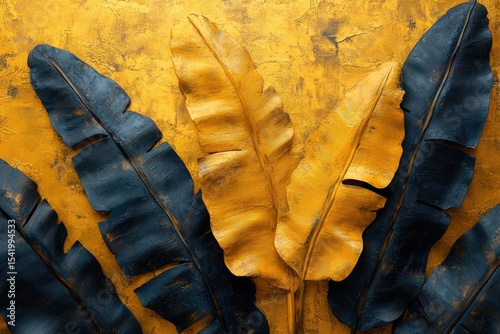 Golden yellow background with blue and yellow banana leaves texture. Great background for tropical themes, invitations or any organic art.