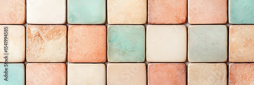 A colorful arrangement of square ceramic tiles in pastel shades of blue, peach, and beige with a slightly textured surface.