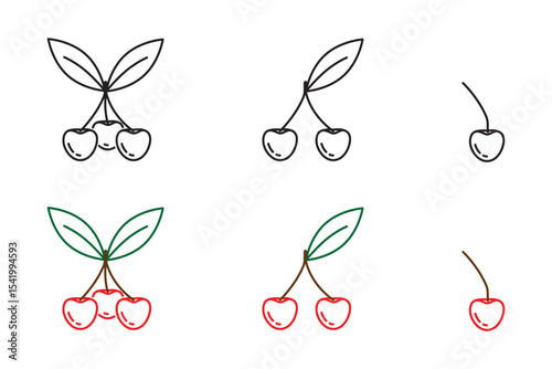 Set of Cherry linear icons isolated on transparent background. Cherry color and black color line icons. Cherry fruit, summer symbol vector illustration. Editable Stroke.