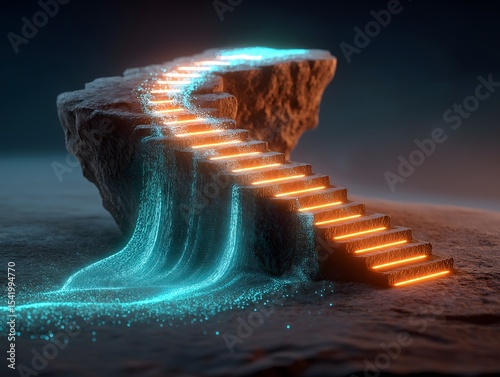 Reskill concept: Career rebirth, symbolic stairs and glowing digital skills path.