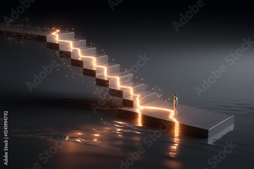 Reskill concept: Career rebirth, symbolic stairs and glowing digital skills path.