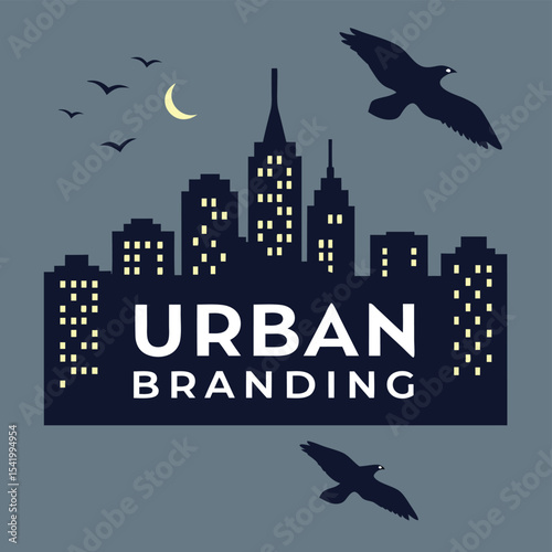 City skyline branding logo with birds and moon vector