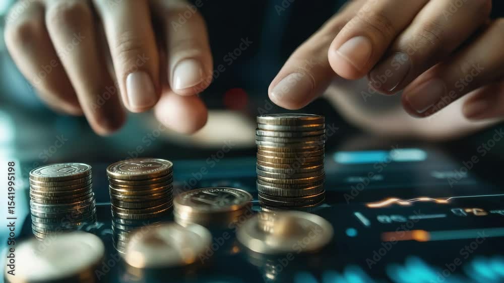 Close up of hands arranging stacks of coins on a tablet displaying financial market graphs data analysis
