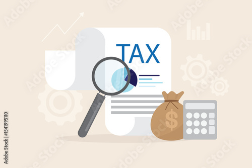 Tax payment concept. Financial report auditor and calculation tax return, debt payment for Government, State taxes, Tax planning Due date. Magnifying glass with data illustration flat design.