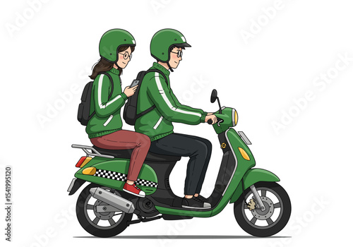Online motorcycle taxi driver with female passenger in city.