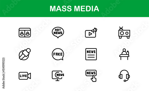 Minimalist Mass Media Icons. Professional Graphics for News Outlets, Media Campaigns, and Broadcasting Design Systems outline style