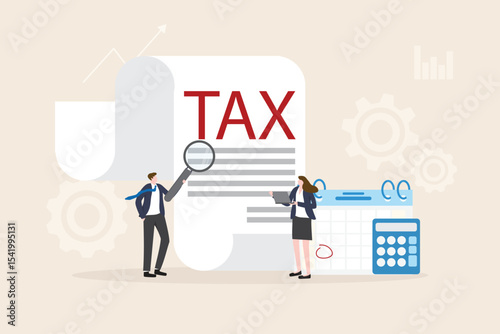 Tax payment concept. Financial report auditor and calculation tax return, debt payment for Government, State taxes, Tax planning Due date. Business team presenting data online illustration flat design