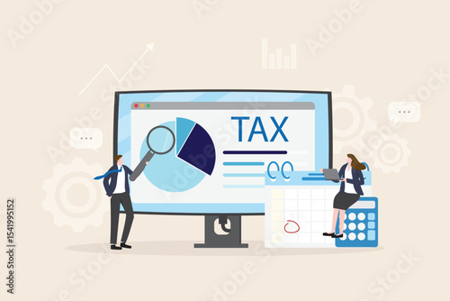 Tax payment concept. Financial report auditor and calculation tax return, debt payment for Government, State taxes, Tax planning Due date. Business team presenting data online illustration flat design