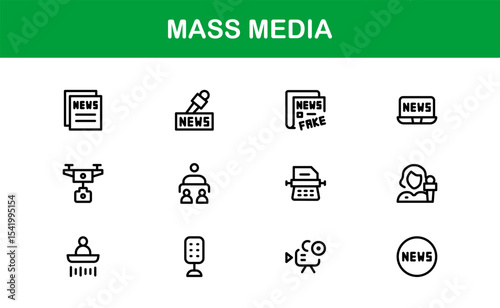 Minimalist Mass Media Icons. Professional Graphics for News Outlets, Media Campaigns, and Broadcasting Design Systems outline style