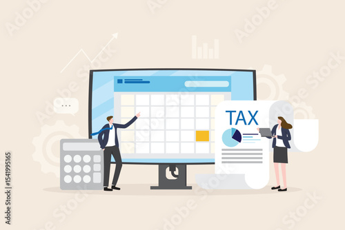 Tax payment concept. Financial report auditor and calculation tax return, debt payment for Government, State taxes, Tax planning Due date. Business team presenting data online illustration flat design