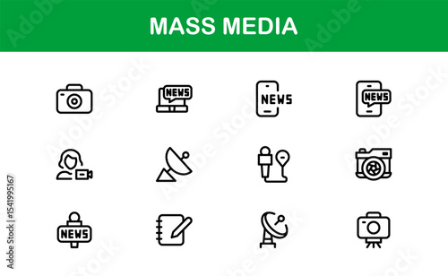 Minimalist Mass Media Icons. Professional Graphics for News Outlets, Media Campaigns, and Broadcasting Design Systems outline style