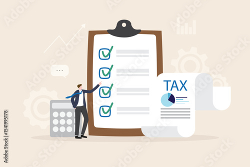 Tax payment concept. Financial report auditor and calculation tax return, debt payment for Government, State taxes, Tax planning Due date. Business man presenting data online illustration flat design.