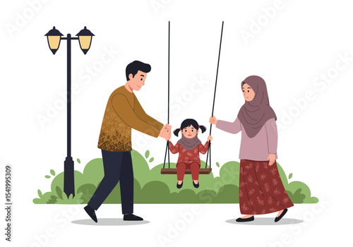Modern Indonesian family enjoying a weekend at the park.